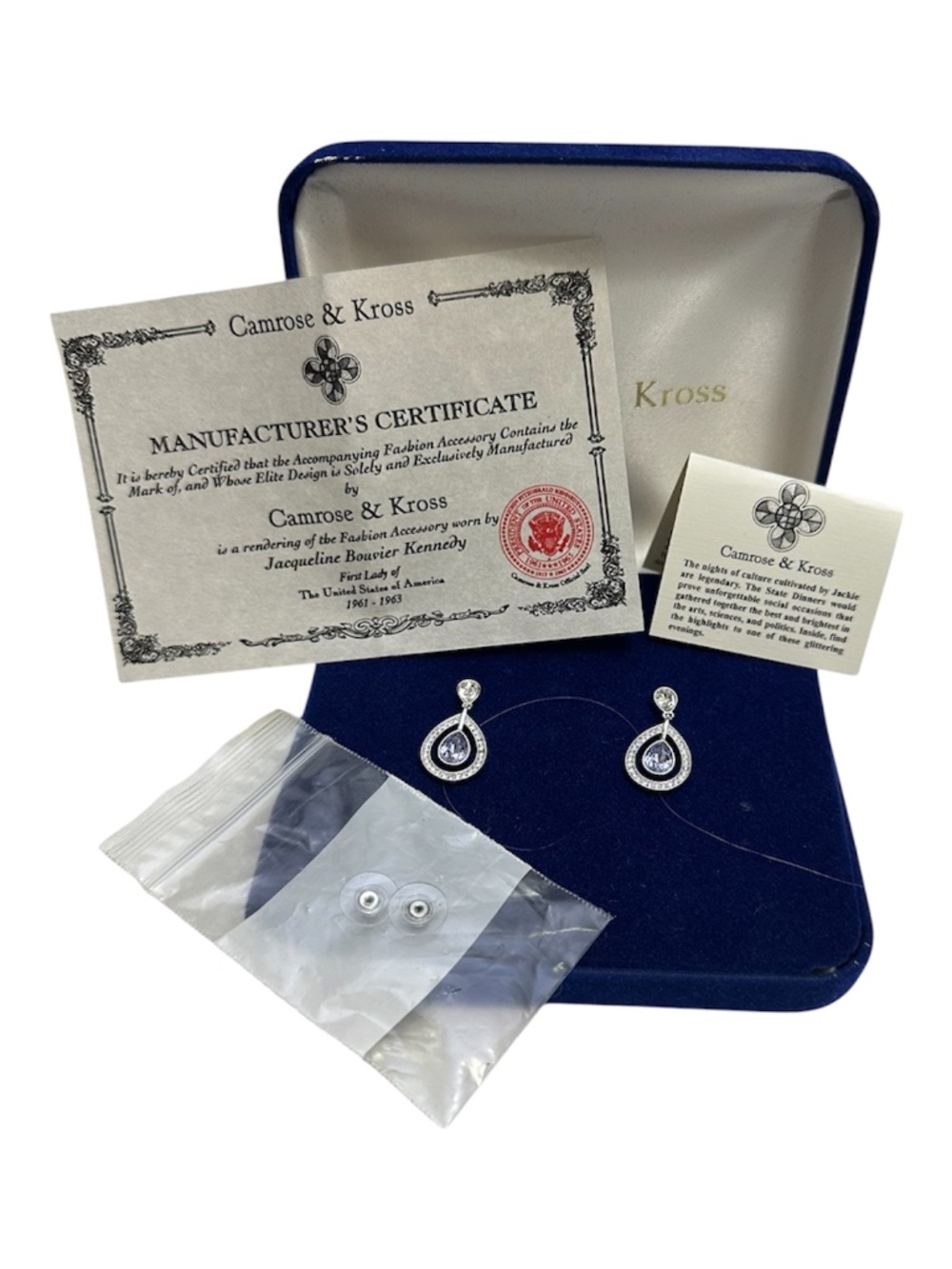 Camrose & Kross JBK Jacqueline Kennedy Crystal Teardrop Earrings — Original Box